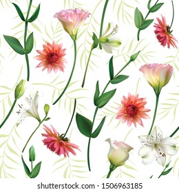 Flowers. Floral background. Eustoma. Dahlia. Green leaves. Seamless pattern. Lilies.