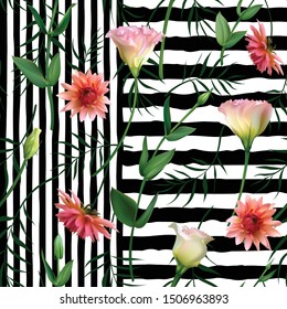 Flowers. Floral background. Eustoma. Dahlia. Green leaves. Seamless pattern. Stripes.