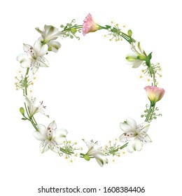 Flowers. Floral background. Eustoma. Lilies. White. Green. Leaves.