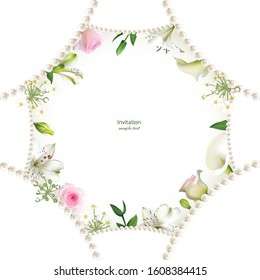 Flowers. Floral background. Eustoma. Lilies. White. Green. Leaves. Calla. Pearls. Pink roses.