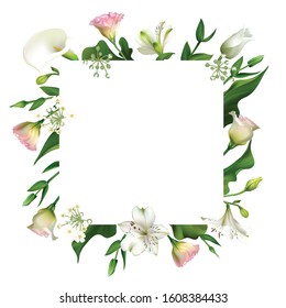 Flowers. Floral background. Eustoma. Lilies. White. Green. Leaves. Calla.