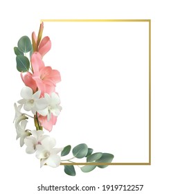 Flowers. Floral background. Gladiolus. White orchids. Green leaves.