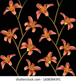 Flowers. Floral background. Lilies. Seamless pattern. White. Orange. Black.