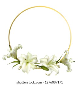 Flowers. Floral background. Lilies. White. Green leaves. Border. Gold ring.