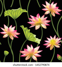 Flowers. Floral background. Lotuses Green leaves. Seamless pattern. Pink. Water lily.