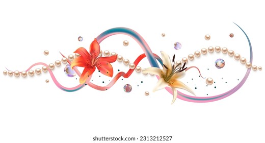 Flowers. Floral background. Pearl. Lilies. Vector. Abstract curves. 3D. Artistic illustration of flowers and pearls.