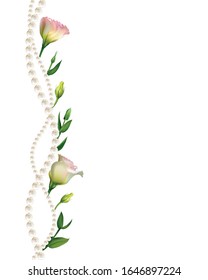 Flowers. Floral background. Pearls. Eustoma. Lisianthus. Pink. Green leaves.