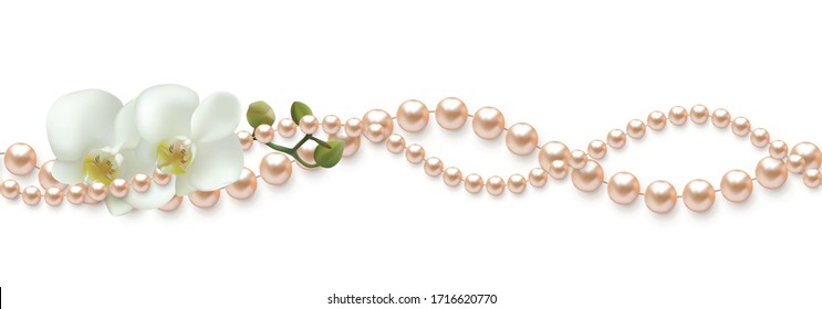 Flowers. Floral background. Pearls. Seamless pattern. White orchids. Tropical plants.