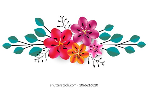 Flowers. Floral background. Red. Bright. Orange. Bouquet. Leaves. Vector pattern.