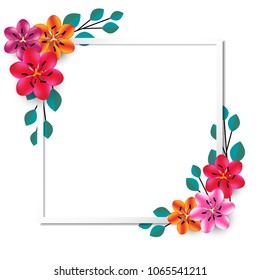 Flowers. Floral background. Red. Pink. Bright. Border. Leaves. Plant pattern. Square frame.