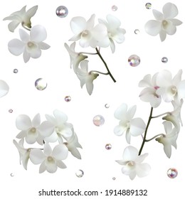 Flowers. Floral background. Seamless pattern. White orchids. Tropical plants.