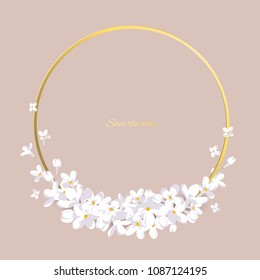 Flowers. Floral background. White lilac. Border. Gold ring. Vector illustration. Small. Buds. Petals.