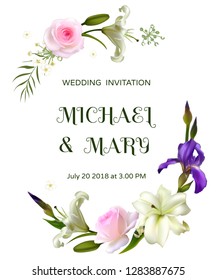 Flowers. Floral background. White lilies. Flower pattern. Wedding invitation. Green leaves. Vector illustration. Irises. Pink roses.