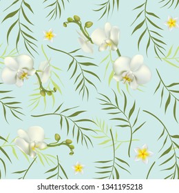 Flowers. Floral background. White orchids. Green leaves. Seamless pattern. Blue.