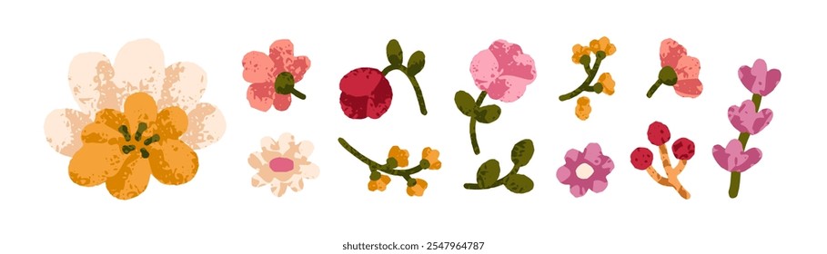 Flowers and floral decorations set. Natural spring and summer blossoms. Wildflowers, garden blooms. Botanical decorative design elements. Flat vector illustration isolated on white background