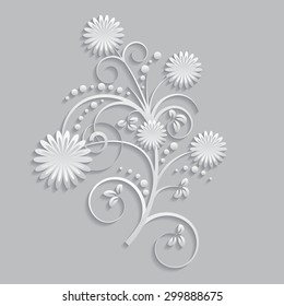 Flowers and floral elements cut from paper. 3d style