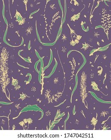 Flores, elementos florales, hierba, hojas, flor, verduras. Patrón vectorial. Dibujado a mano. Patrón botánico de color sobre un fondo morado. Para imprimir en tela y papel, diseños, afiches.