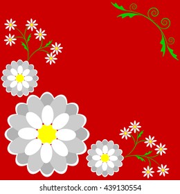 flowers and floral elements on a red background