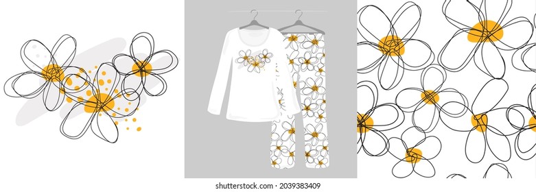 Flowers. Floral graphic design doodles on white background. Seamless pattern for girls, women. Women's, designer pajamas. Vector illustration. Typography of clothes, shirts, t-shirts. Hand-drawn.