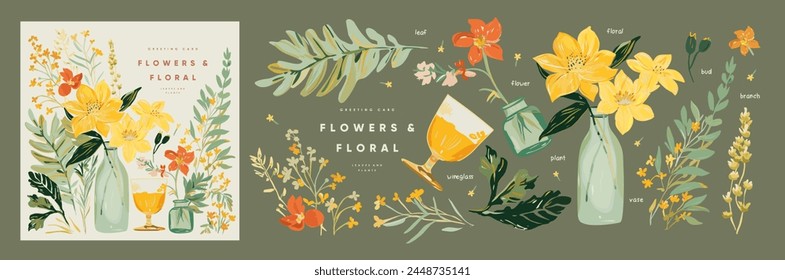 Flores. Tarjeta de felicitación floral. Ilustraciones vectoriales de lindas plantas de acuarela, hojas, florero, botella, copa de vino, ramo para invitación o fondo. Dibujos dibujados a mano con pinturas de gouache	
