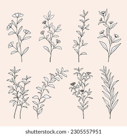 Flowers floral line art drawing. Hand drawn outline floral botanical leaves for wedding invitation save the date card. Vector illustration.