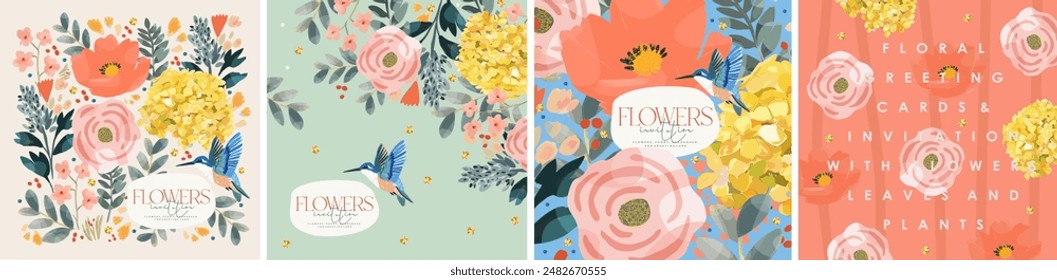 Flores e impresión floral. Vector linda ilustración de peonía, hojas, rosa, colibrí, hortensia y plantas para tarjeta de felicitación, invitación de boda, fondo, patrón o póster