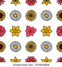 Flowers. Floral seamless pattern. Chamomile, rose, sunflower, aster, amaryllis, daffodil, lotus, lily and gerbera. Doodle vector set. Hand drawn line sketch. Types of flowers. 