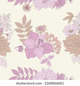 Flowers. Floral seamless pattern with garden flowers and butterflies. Botanical floral seamless pattern with roses, herbs and leaves. Background with flowers