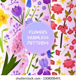 Flowers and floral vector seamless pattern watercolor flowered greeting card invitation for wedding birthday flowering hydrangea iris spring backdrop set illustration background