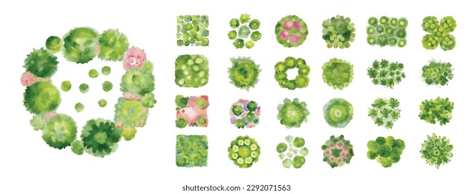 Flowers and flower beds. Top view. Collection of different plants, trees and bushes for architectural and landscape design. Vector illustration set. View from above. Nature green spaces.