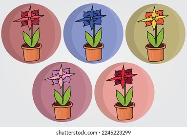 Flowers in flower pots. Vector Illustration. EPS File. Red, blue, yellow, and pink colored flowers.