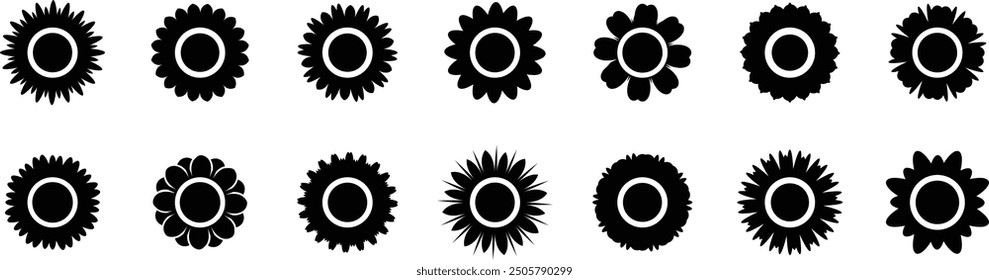 Flowers. Flower vector icons. Flowers black color in flat design. Abstract flower icons isolated on white background. Flower simple icon. Stock vector.