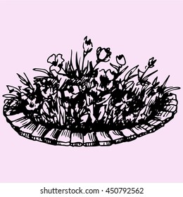 flowers in flowerbed doodle style sketch illustration hand drawn vector 