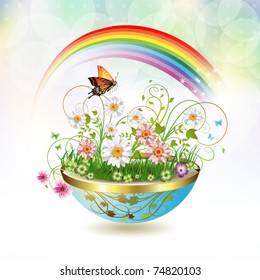 Flowers in flowerpot and butterflies