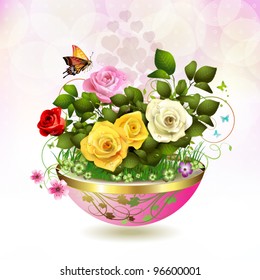 Flowers in flowerpot with roses and butterflies