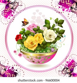 Flowers in flowerpot with roses and butterflies