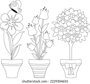 Flowers in flowerpots. Vector black and white coloring page.