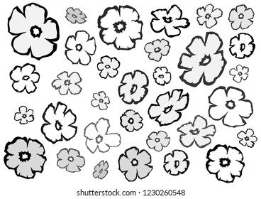 Flowers fly on white background. Floral drawing in doodle style. Wallpaper seamless pattern background.