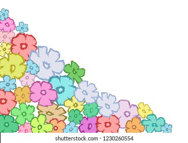 Flowers fly on white background. Floral pattern in doodle style. Wallpaper design in corner.