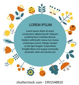 Flowers. Flyer. Scandinavian style. Vector illustration of the flowers in simple cartoon flat style. Template for your text. Ideal for cards, invitations, party, kindergarten, preschool and children.