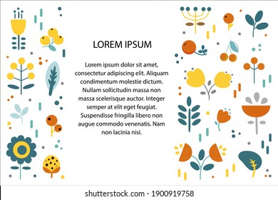 Flowers, flyer. Vector illustration of the flowers in simple cartoon flat style. Template for your text. Ideal for cards, invitations, party, kindergarten, preschool and children.