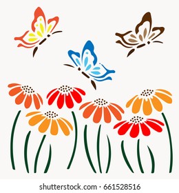 flowers and flying butterflies on them