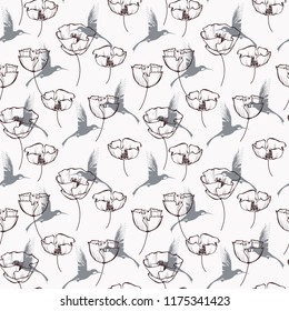 Flowers and flying hummingbird seamless pattern