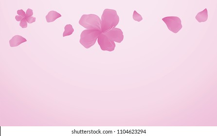 Flowers and flyng Petals. Pink Purple Sakura frame isolated on Pink gradient background. Horizontal. Vector EPS 10 cmyk