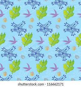 Flowers, Foliage and Birds Seamless Pattern
