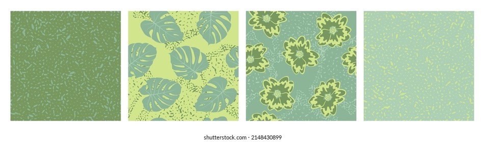 Flowers foliage grain texture seamless pattern vector set. Summer design with primula and tropical monstera leaves. Modern set of patterns with grain texture, flowers, foliage. Textile prints