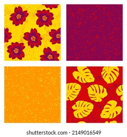 Flores textura de grano foliage conjunto de vectores sin fisuras. Diseño botánico de hojas de primula y monstera paraíso. Conjunto vibrante de patrones con textura de grano, flores, follaje. Fondos de escritorio