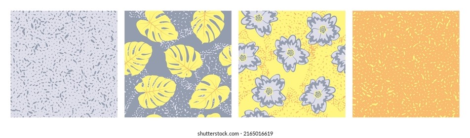 Flowers foliage grain texture seamless pattern vector set. Botanical design of primula and paradise monstera leaves. Hawaiian set of patterns with grain texture, flowers, foliage. Textile prints