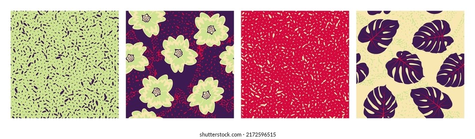 Flowers foliage grain texture seamless pattern vector set. Botanical design of primula and paradise monstera leaves. Hawaiian set of patterns with grain texture, flowers, foliage. Fabric prints