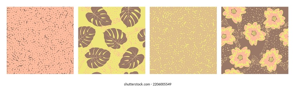 Flowers foliage grain texture seamless pattern vector set. Botanical design of primula and paradise monstera leaves. Bohemian patterns with grain texture, flowers, foliage. Textile prints